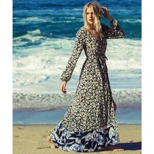 Billabong Blue Floral Maxi Dress M Long Sleeves ALLEGRA Kimono Retro Y2K Coquett